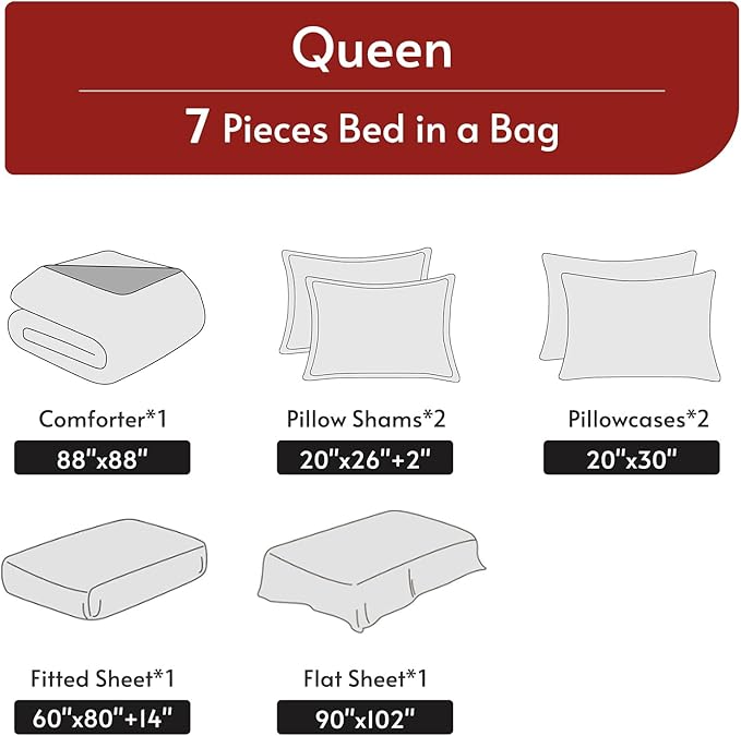 MUXHOMO 7 Pieces Queen Comforter Set, Reversible Bed in a Bag Queen Size, All Season Bedding Set with Comforter, Flat Sheet, Fitted Sheet, Pillowcases & Shams, Greyish Blue & Light Grey