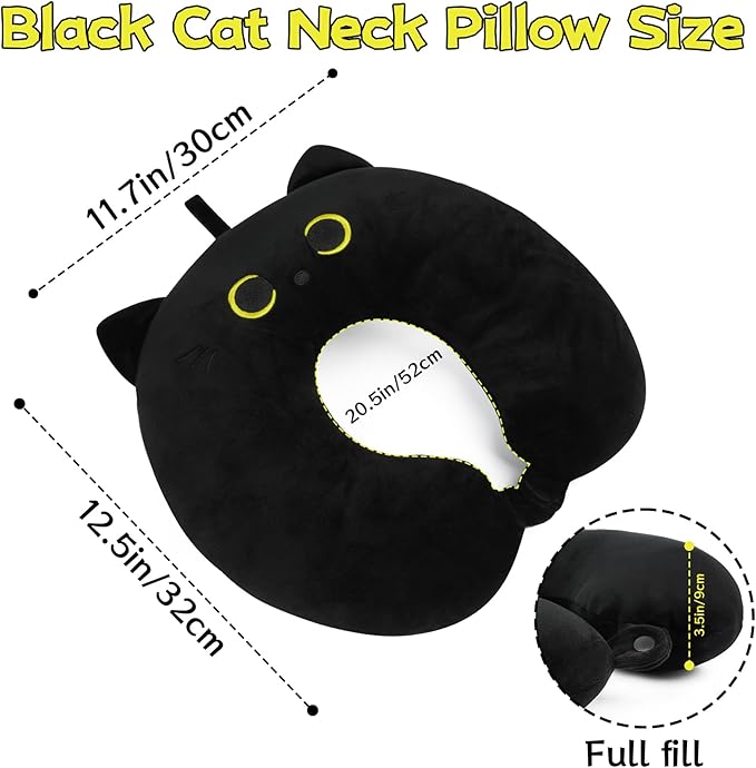 Kids Travel Pillow, Black Cat Travel Neck Pillow Cartoon Headrest for Kids Boys Girls, Soft U Shaped Travel Pillow for Kids, Airplanes, Cars, Long Trips, Home