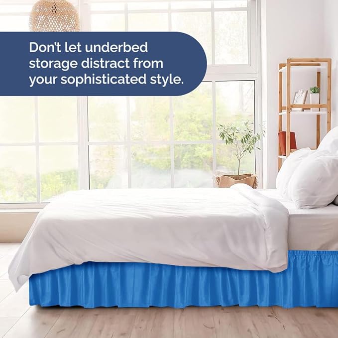 Wrap Around Dust Ruffle Bed Skirt - Royal Blue - for Queen Size Beds w/ 15 Inch Drop - Easy Fit Elastic Strap - Adjustable Pleated Bedskirt w/Brushed Fabric - Wrinkle Free, Women, Men, Kids & Teens