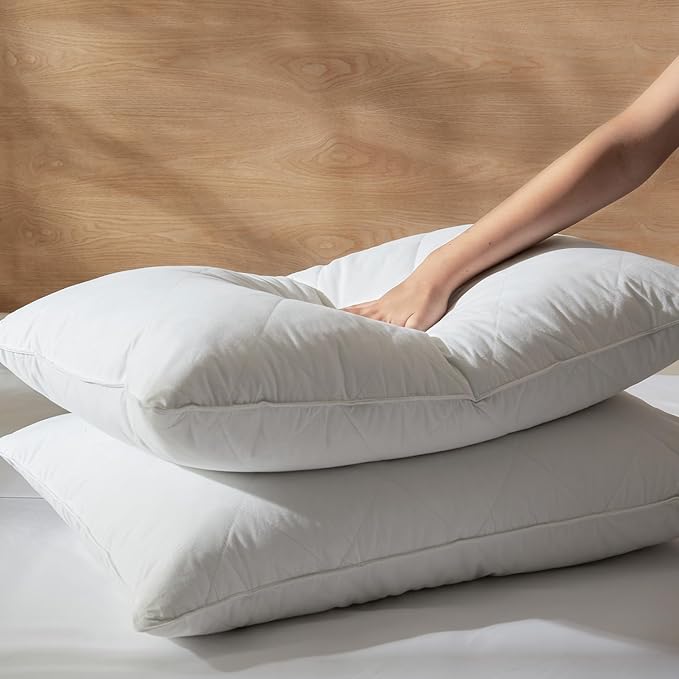 Three Geese White Goose Feather & Cotton Pillows King Size Set of 2 - Soft 600 Thread Count 100% Cotton, Medium Firm,Soft Support,White Solid