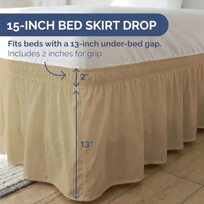 Wrap Around Dust Ruffle Bed Skirt - Beige - for Full Size Beds with 15 Inch Drop - Easy Fit Elastic Strap - Adjustable Pleated Bedskirt w/Brushed Fabric - Wrinkle Free - for Women, Men, Kids & Teens