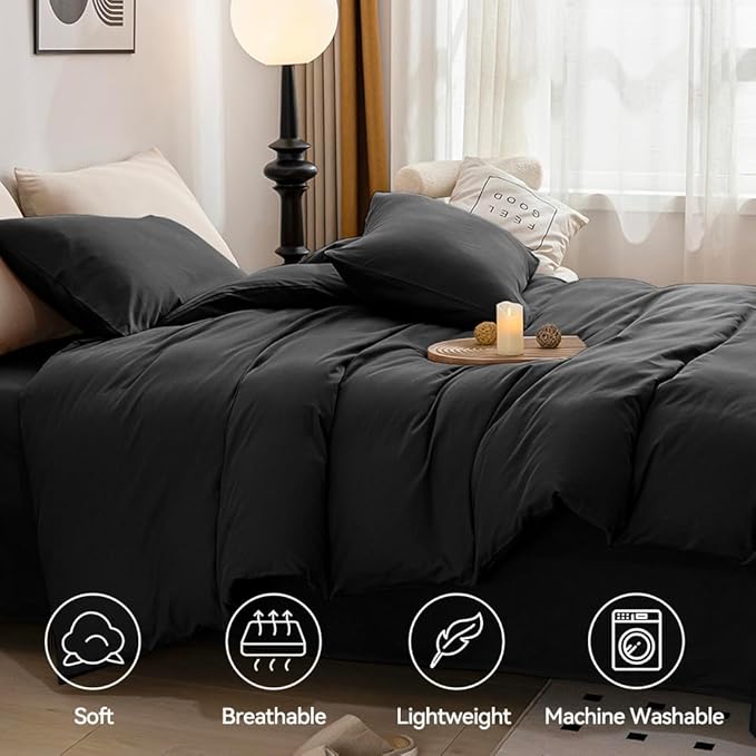 JELLYMONI Cotton Duvet Cover California King - 100% Washed Cotton Linen Like Textured Comforter Cover, 3 Pieces Soft Bedding Set with Zipper Closure (Black, Cal King 104"x98")