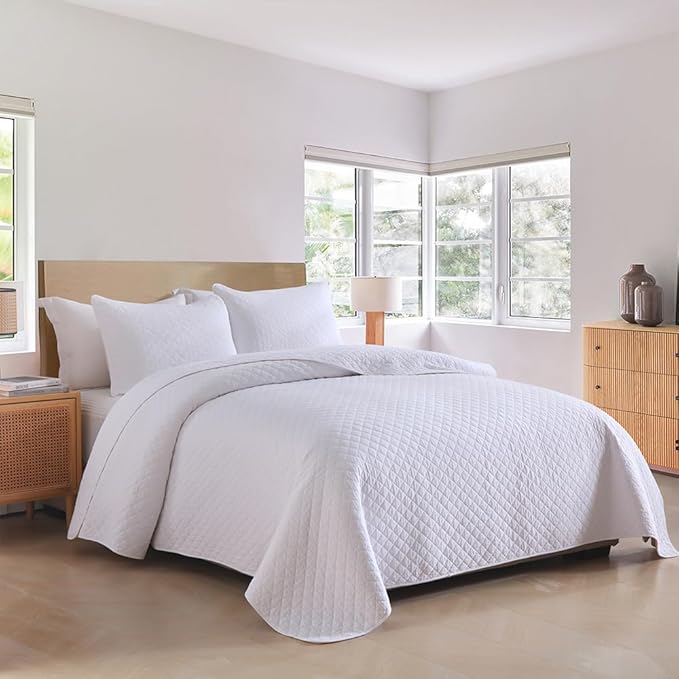 Cotton Quilt Bedding Sets Queen Size, 3 Pieces Reversible Lightweight Coverlets Comforters Bedspreads for All Seasons,Geometric Stitching Pattern,White
