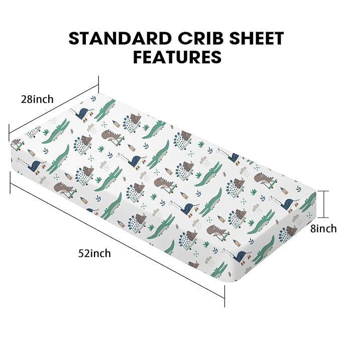 Little Grape Land Crib Sheets for Girls and Boys, 2pk Baby Crib Fitted Sheet for Standard Size Crib and Toddler Mattress, Super Soft Baby Sheet, Green Dinosaur