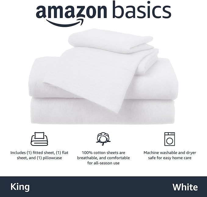 Amazon Basics 4 Piece Bed Sheet Set,100% Cotton Jersey,Includes Super Soft,Flat and Fitted Sheets,Pillowcase,King,White,Solid,(Pack of 4)