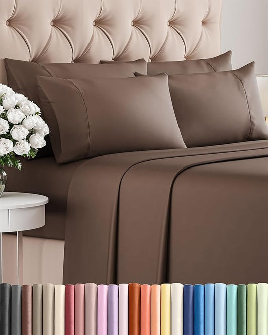 Full 6 Piece Sheet Set - Comfy Breathable & Cooling - Ultra Soft Hotel Luxury Bedding Set with 8-16 Inch Deep Pockets - 1 Flat & 1 Fitted Sheet & 4 Pillowcases - Cozy, Wrinkle Free & Easy Care - Brown
