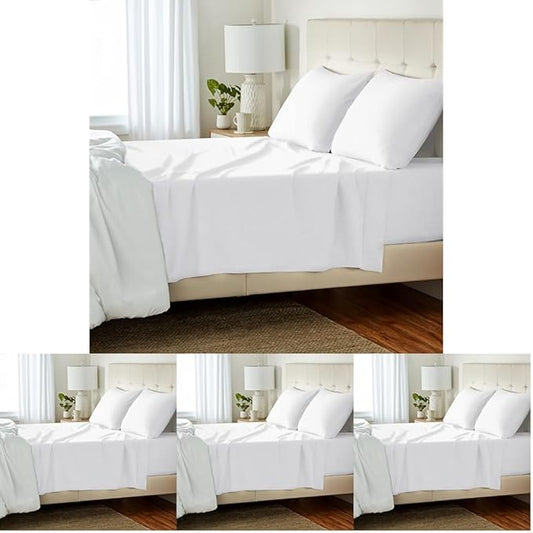 Amazon Basics 4 Piece Comfortable Cotton Jersey Bed Sheet Set,Includes Soft Flat and Fitted Sheets,Pillowcase,Queen,White,Solid,(Pack of 4)