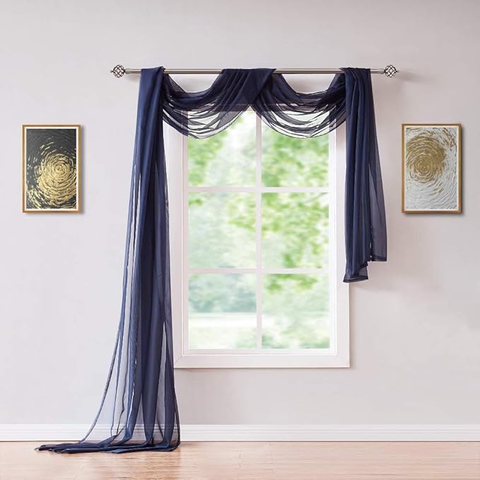 Long Length 56" (W) x 216" (L) Navy Blue Sheer Window Scarf. Voile Window Treatments are Perfect As Valance Scarves, Canopy Bed Scarf Or Wedding Decoration. AMA 56" x 216" Navy