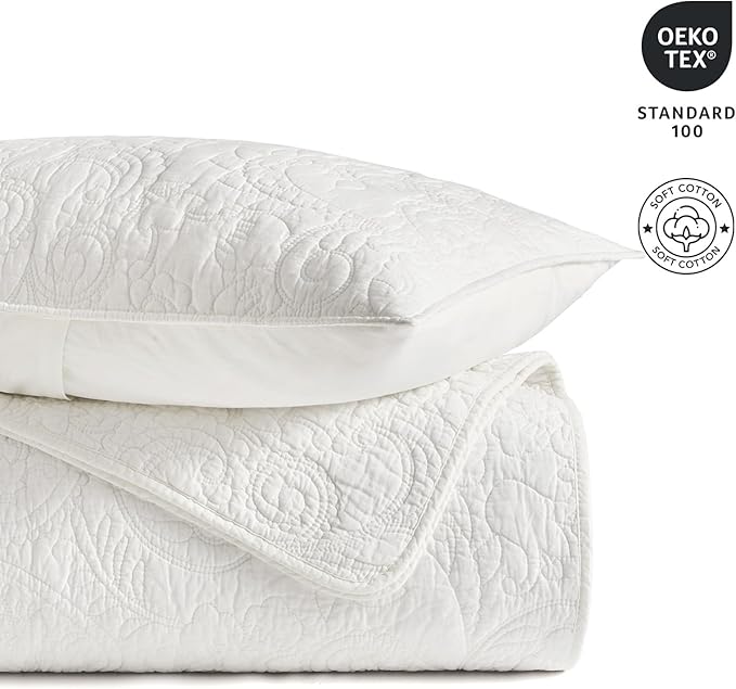 EVERGRACE 100% Cotton Paisley Quilt Set, Oversized King 3 Piece Set – Prewashed Lightweight Bedspread with 2 Shams, Soft & Breathable Matelasse Coverlet for All-Season Comfort, Bright White