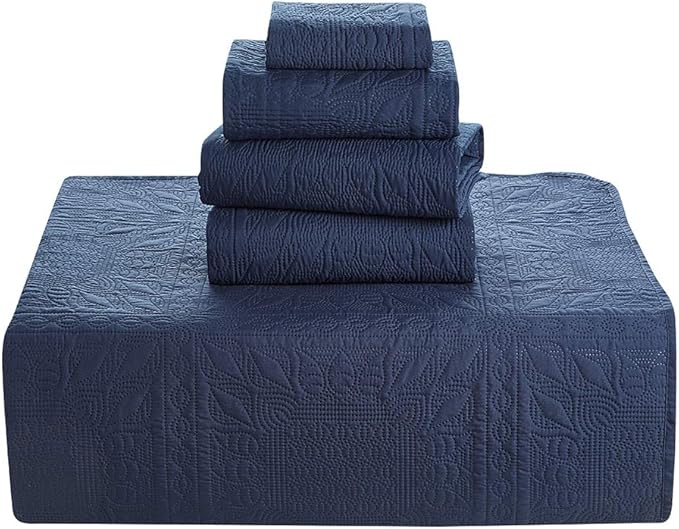Hearth & Harbor Quilts Twin Size - All Season Bedspread Coverlet Set, Pinsonic Weave Lightweight Bedding Set - 5 Piece Twin Quilt Set with Pillow Shams, Grid - Navy