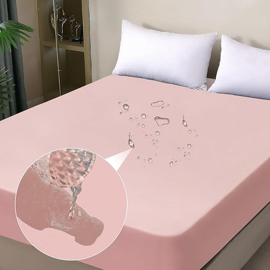 Waterproof Mattress Protector Queen, Fitted Sheet Style Breathable Mattress Cover with Deep Pocket Fits Up to 18'', Noiseless Bed Cover for Kids Adults Pets, Machine Washable (Pink, 60'' X 80'')