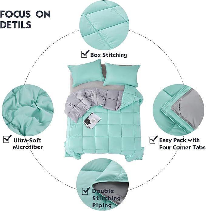 HIG Reversible Lightweight Comforter - All Season Down Alternative Summer Duvet Insert Blue Quilted Bedding Comforters with Corner Tabs Full/Queen Size Aqua Blue/Light Grey