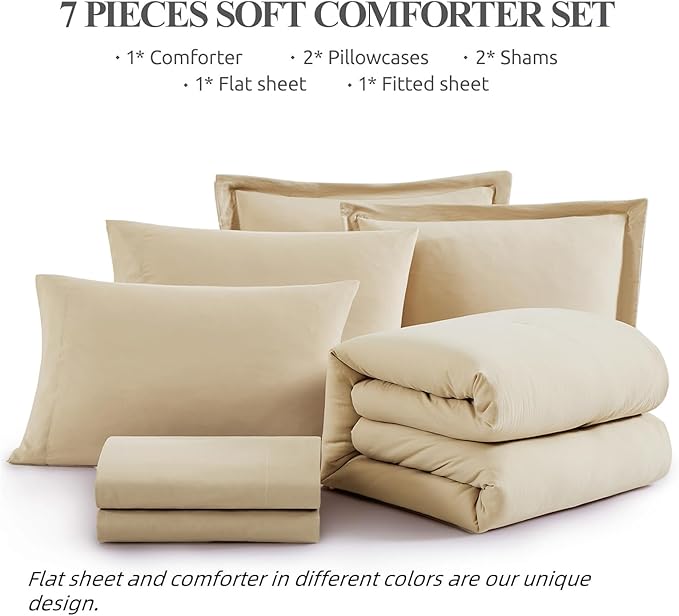 WRENSONGE California King Size Comforter Set- 7 Pieces Soft Beige Bed in a Bag California King with Fitted Sheet, Flat Sheet, 2 Pillow Shams, 2 Pillowcases, Warm Bedding Sets for All Season