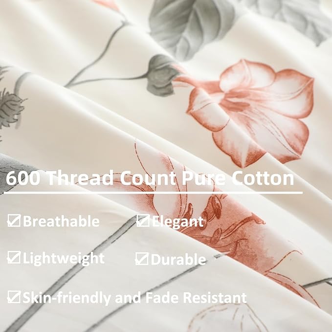 OAITE Duvet Cover Set King Size Floral Pattern 600 Thread Count Ultra Soft 100% Long Staple Cotton Duvet Cover Sets 3-PC, Breathable Duvet Cover with Zipper Closure & Corner Ties