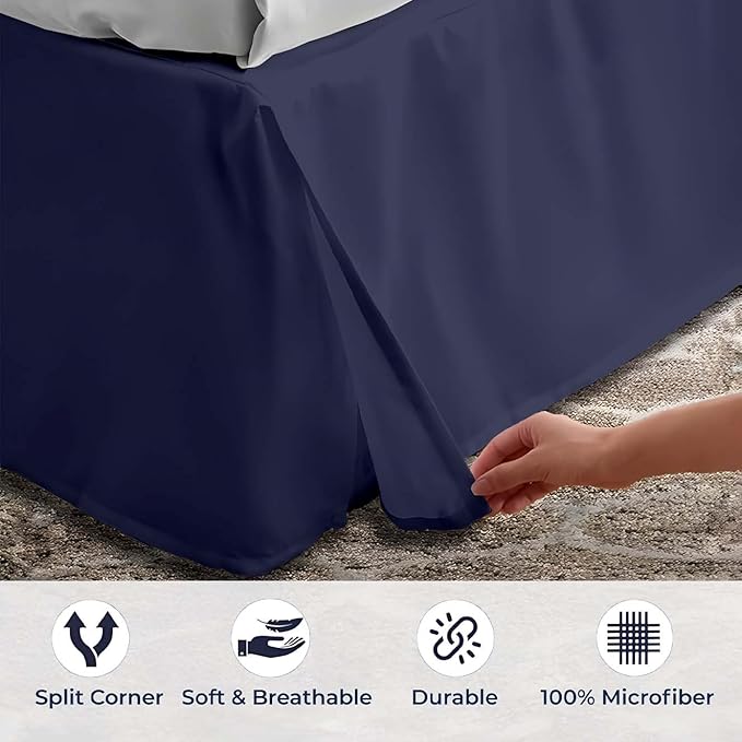 SGI Bedding 11 inch Drop Bed Skirt King Size - Platform Style with Secure Fit, Classic Tailored Look, Elegant Pleated Style Dust Ruffle, Split Corners, Wrinkle Resistant Microfiber - Navy Blue