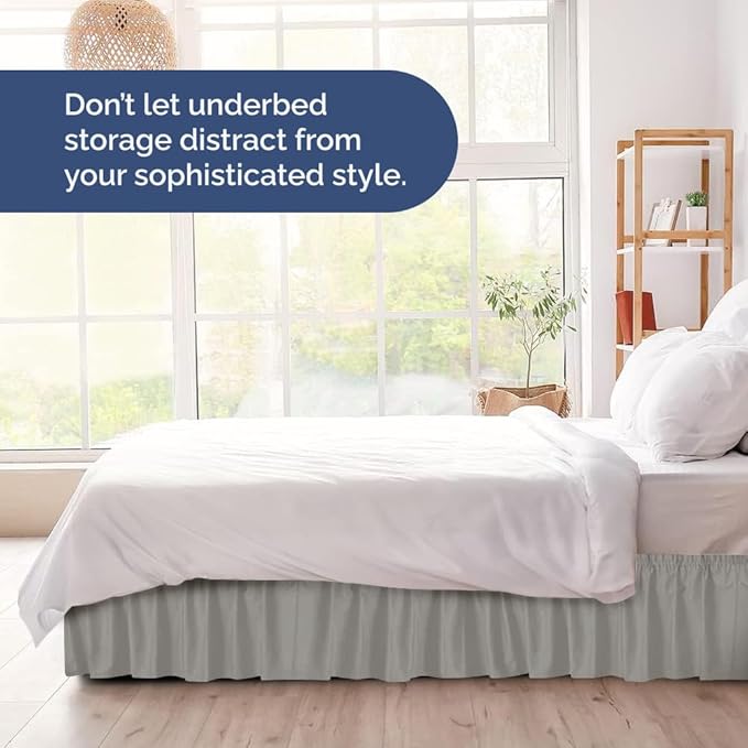 Wrap Around Dust Ruffle Bed Skirt - Light Grey - for Twin Size Beds w/ 14 Inch Drop - Easy Fit Elastic Strap - Adjustable Pleated Bedskirt with Brushed Fabric, Wrinkle Free Women, Men, Kids and Teens