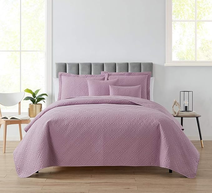 Hearth & Harbor Quilts Twin Size - All Season Bedspread Coverlet Set, Pinsonic Weave Lightweight Bedding Set - 5 Piece Twin Quilt Set with Pillow Shams, Diamond - Lavender Dream