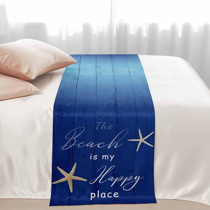 Happy Beach Place Marine Starfish Bed Runners for Bedroom Hotel,Decorative Bedding Scarf Gradient Blue Wood Grain Bed End Blanket Bedding Runner Scarves for Full Size Bed,83x20in