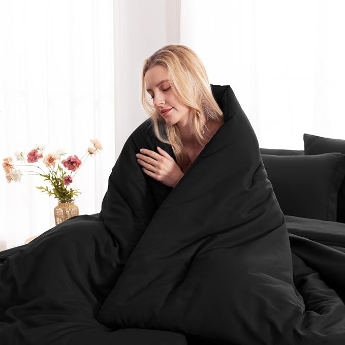 CozyLux Oversized Queen Comforter Set Black, 7 Pieces Bed in a Bag Comforter Set with Sheets, Soft Bedding Sets with Down Alternative Comforter, Fitted Sheet, Flat Sheet, Pillow Shams and Pillowcases