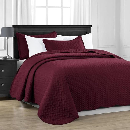 MOONLIGHT20015 Twin Quilt Set (66" x 86") with 1 Pillow Sham (20" x 26"+2") for All Seasons - 2 Pcs Reversible Bedding Set Lightweight Microfiber Coverlet Embossed Pattern Quilted Bedspread (Burgundy)