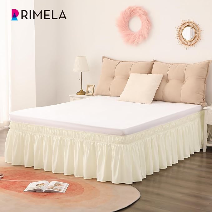 RIMELA Butter Yellow Bed Skirt Full Size 15 Inch Drop, Elastic Bed Skirting for Bed Base and Frame, Bedding Dust Ruffle Easy to Install, Lightweight Wrap Around Adjustable Bedskirt