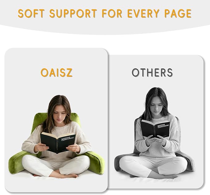 Reading Pillow for Sitting in Bed Adult, X-Large Reading Pillow with Shredded Memory Foam, Back Pillow for Sitting Up with Extend Arms, Pockets, Bed Pillow with Washable Cover, FluorescentGreen
