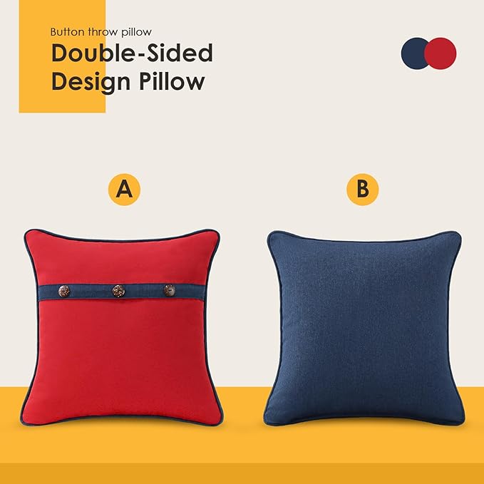 Outdoor Sunbrella Decorative Pillows with Triple Coconut Buttons Pack of 4, 18" x 18" Outdoor Pillow Set for Couch Bed Throw Patio Sofa, Canvas Logo Red/Specrtum Indigo