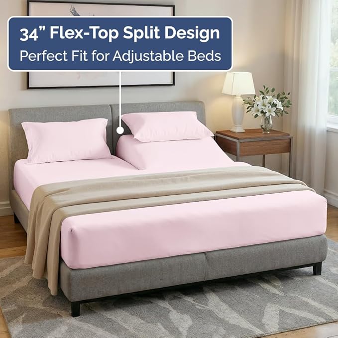 Flex Top Split Head King 4 Piece Sheet Set - Comfy Breathable & Cooling Bed Sheets Set - Hotel Luxury Bedding for Women, Men, Kids, Teens, Boys & Girls - Deep Pockets, Soft = Oeko-Tex - Lavender Pink