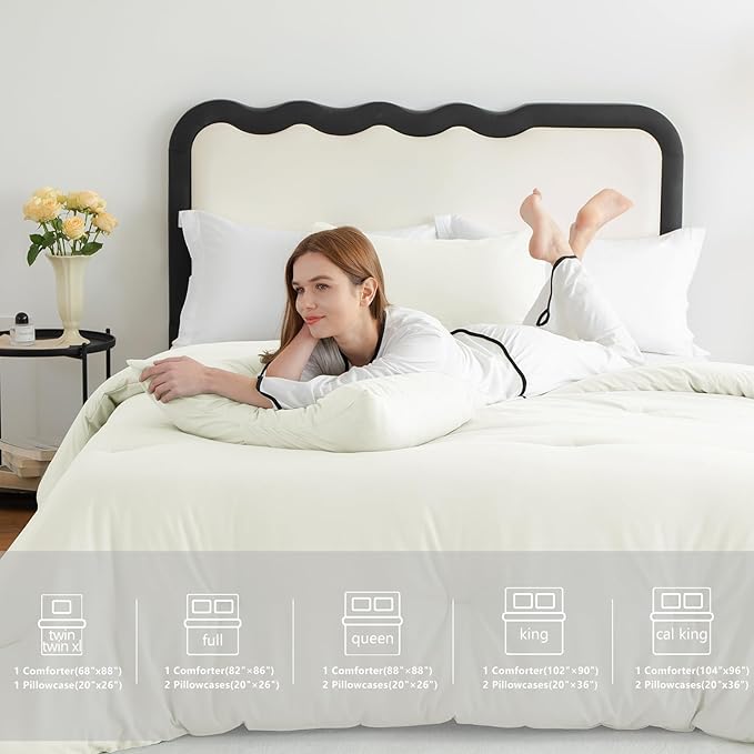 CozyLux King Size Comforter Set Ivory, 3 Pieces Solid Breathable Quilted Style Bedding Sets for Girls, Luxury Soft Microfiber Down Alternative Comforter Bed Set (1 Comforter & 2 Pillowcases)