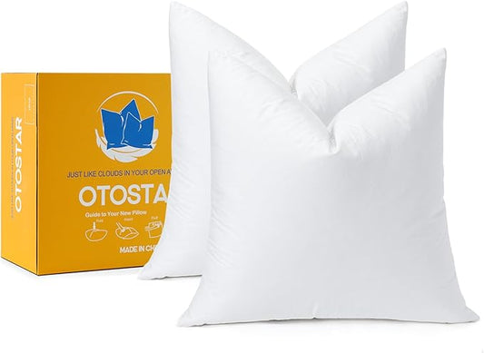 OTOSTAR Pack of 2 Down and Feather Throw Pillow Inserts, 28 x 28 Soft Fluffy Square Pillow Inserts with 100% Cotton Cover Decorative Pillows for Sofa Couch Bed-White