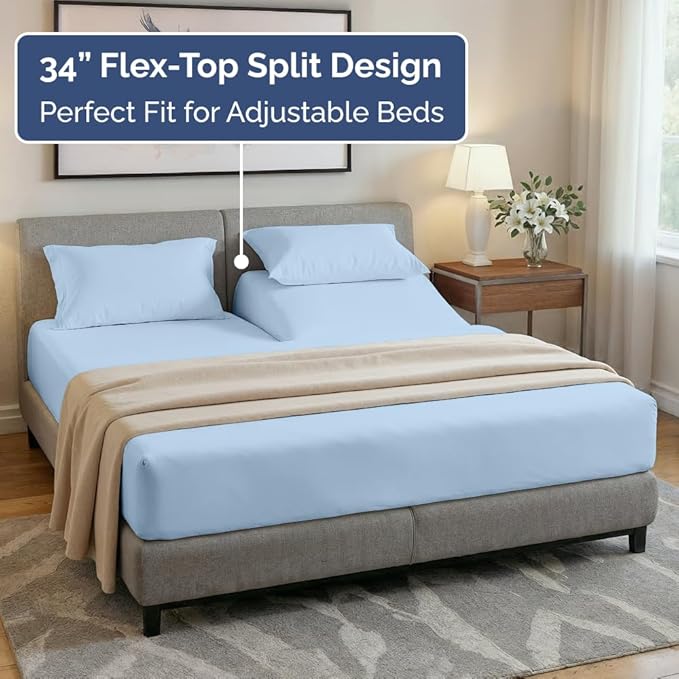 Split Head King Sheet Set – 4 Piece Flex Split Top King Sheets for Adjustable Beds - Fits 14” to 16" Mattress w/ Deep Pockets - Soft, Breathable & Cooling - Luxury Bedding and Wrinkle Free - Sky Blue
