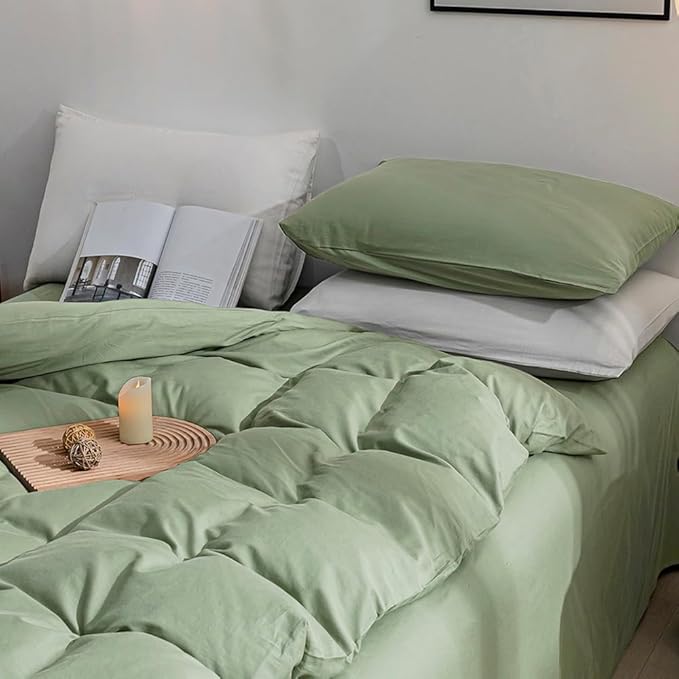 JELLYMONI Light Green Duvet Cover King Size - 100% Washed Cotton Linen Like Textured Comforter Cover, 3 Pieces Breathable Soft Bedding Set with Zipper Closure (Light Green, King 104"x90")