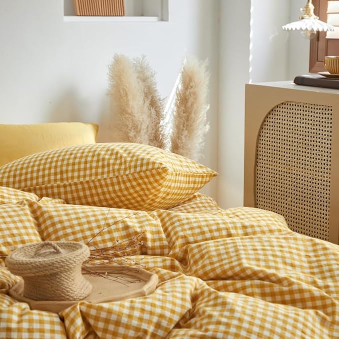 LifeTB Yellow Gingham Duvet Cover King 100% Washed Cotton Plaid Checked Duvet Cover Set Modern Soft 3 Piece Grid Bedding Set Breathable Gingham Checkered Comforter Cover with Zipper Ties