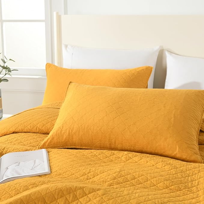 Cotton King Quilt Bedding Sets, 3 Pieces Reversible Lightweight Coverlets Comforters Bedspreads for All Seasons, Geometric Stitched Pattern,Yellow