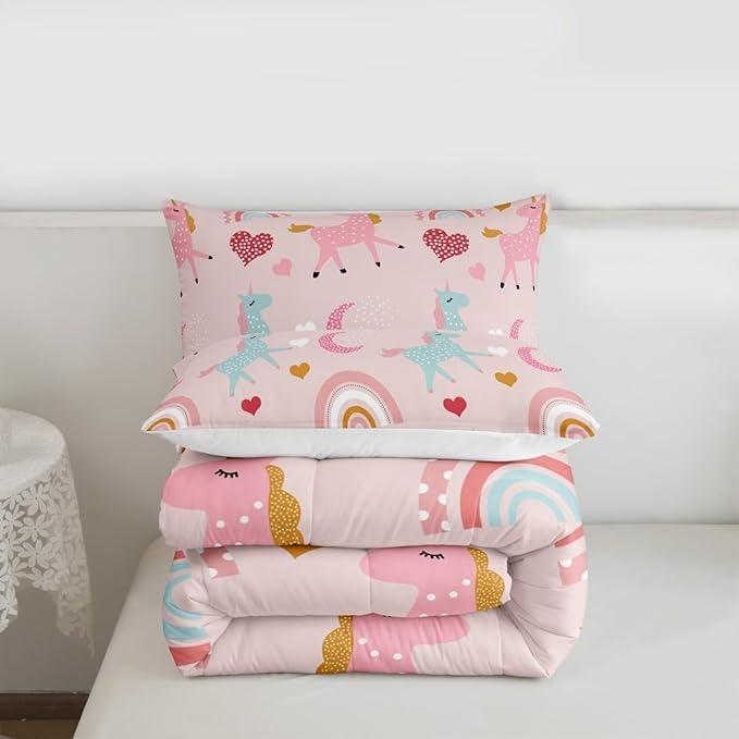 Feelyou Girls Unicorn Comforter Set Queen Size Kids Cute Pink Rainbow Horse Decor Comforter for Unicorn Lover Daughter Bedding Set Boho Star Moon Duvet Set (1 Comforter + 2 Pillowcases, Queen)