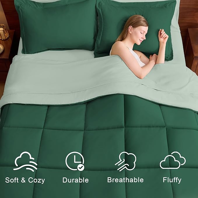 FUANNA Queen Comforter Set 7 Pieces, Reversible Bed in a Bag with All Season Soft Comforter, Bedding Sets Includes Comforter, Flat Sheet, Fitted Sheet, Pillowcases & Shams, Emerald Green & Sage Green