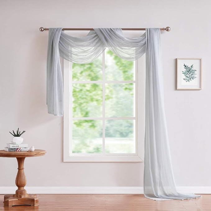 Long Length 56" (W) x 216" (L) Gray Silver Sheer Window Scarf. Voile Window Treatments are Perfect As Valance Scarves, Canopy Bed Scarf Or Wedding Decoration. AMA 56" x 216" Silver