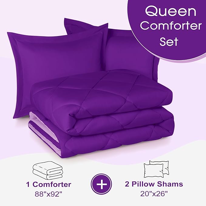 Basic Beyond Queen Comforter Set - Reversible Purple/Lilac Comforter (88"x92") and 2 Pillow Shams (20"x26"+2") for All Seasons