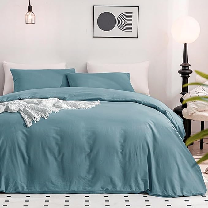 JELLYMONI Cotton Duvet Cover Queen Size - 100% Washed Cotton Linen Like Textured Comforter Cover, 3 Pieces Breathable Soft Bedding Set with Zipper Closure (Grayish Blue, Queen 90"x90")