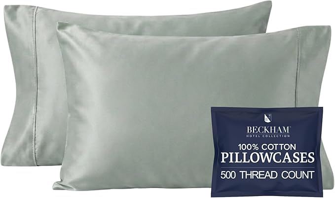 Beckham Hotel Collection 100% Cotton Pillow Cases Standard/Queen Size Set of 2, 500TC, Luxury Sateen Pillowcases, Open End, Breathable, Moisture-Wicking, Aqua Gray