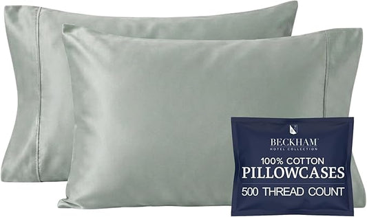 Beckham Hotel Collection 100% Cotton Pillow Cases King Size Set of 2, 500TC, Luxury Sateen Pillowcases, Open End, Breathable, Moisture-Wicking, Aqua Gray