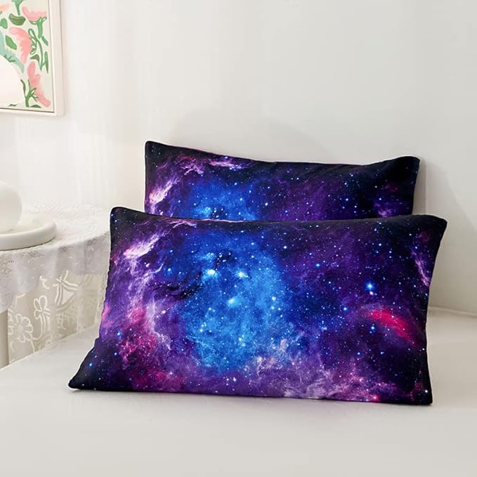 7PCS Purple Comforter Sets Queen,Girls Galaxy Comforter Queen,Girls Bed Sets Queen,Bed in a Bag with Flat Sheet and Fitted Sheet,Pillowcases,Cushion Covers for Girl,Galaxy Bedding Sets