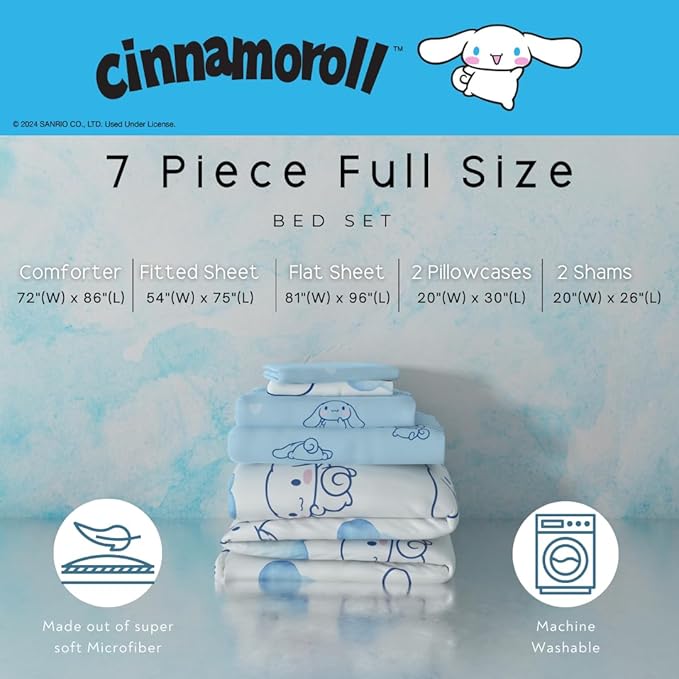 Cinnamoroll Bedding 7 Piece Super Soft Cozy Reversible Comforter and Sheet Set with Sham, Full, (100% Official Licensed Product) by Franco