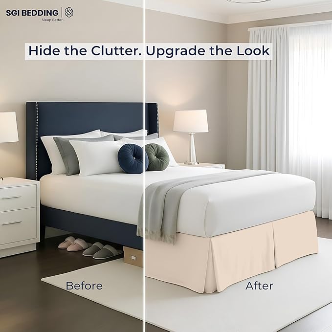 SGI bedding 17 inch Drop Bed Skirt King Size - Platform Style with Secure Fit, Classic Tailored Look, Elegant Pleated Style Dust Ruffle, Split Corners, Wrinkle Resistant Microfiber - Beige