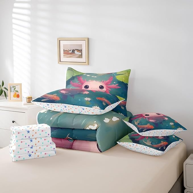 Feelyou Kids Cute Axolotl 7 Pieces Bedding Set Twin Size, Cartoon Salamander Bed in A Bag Ocean Sealife Comforter Set with Sheets Boys Girls Kawaii Animal Teens Bed Set Bedroom Decor 7Pcs