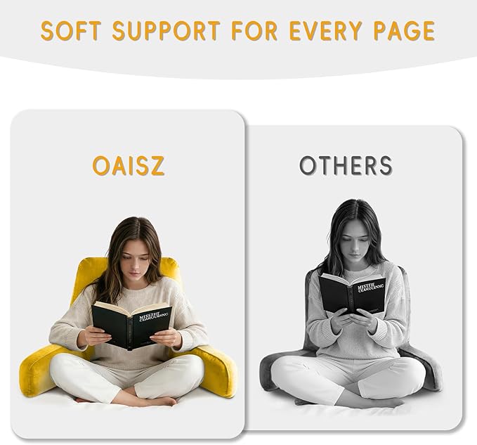 Reading Pillow for Sitting in Bed Adult, X-Large Reading Pillow with Shredded Memory Foam, Back Pillow for Sitting Up with Extend Arms, Pockets, Bed Pillow with Washable Cover, Yellow