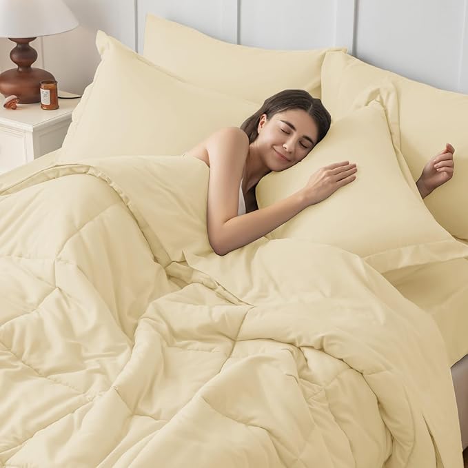 JOLLYVOGUE Full Comforter Set, Ultra-Soft Bed in a Bag Full Size 7 Pieces, Oeko-TEX Certified Bedding Set with Down Alternative Comforter, Sheets, Pillowcases & Shams, Light Yellow