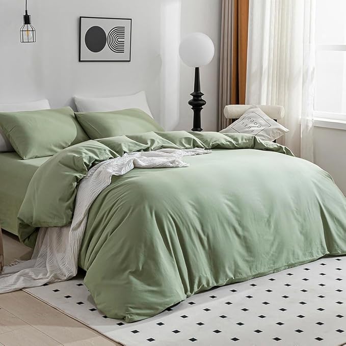JELLYMONI Light Green Duvet Cover King Size - 100% Washed Cotton Linen Like Textured Comforter Cover, 3 Pieces Breathable Soft Bedding Set with Zipper Closure (Light Green, King 104"x90")