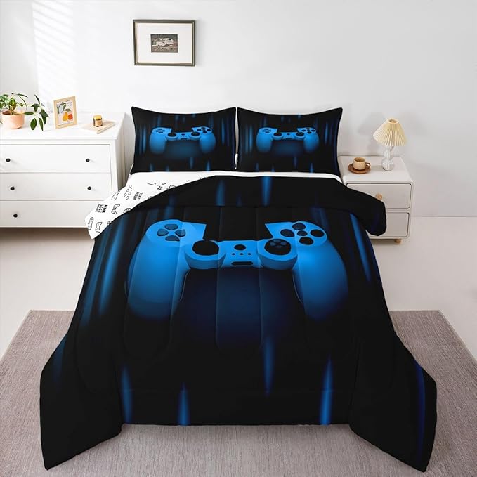 Feelyou Boys Gamer Comforter Set Twin Size Bedding Set for Kids Gaming Comforter Blue Black Video Games Gamepad Room Decor for Teens Child Super Soft Geometric Duvet Quilted Son Grandson Gift