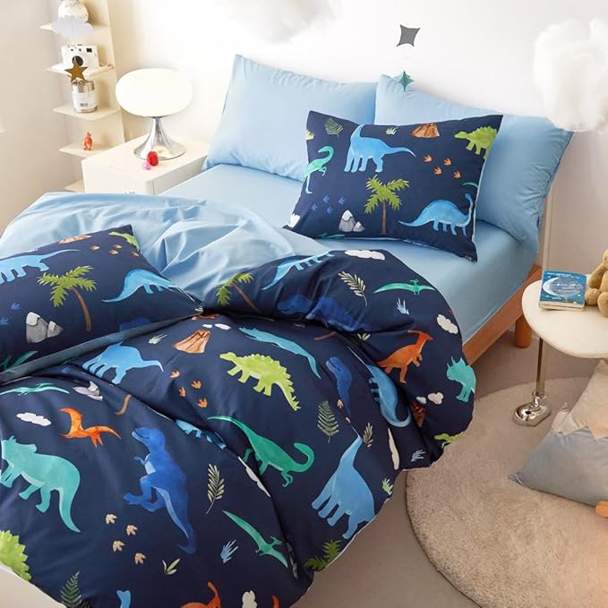Wake In Cloud - Dinosaur Bedding Set for Boys, Cute Colorful Dinosaur Soft Lightweight Comforter Set with Sheets, 5 Pieces Kids Bed in a Bag, Navy Blue, Twin Size